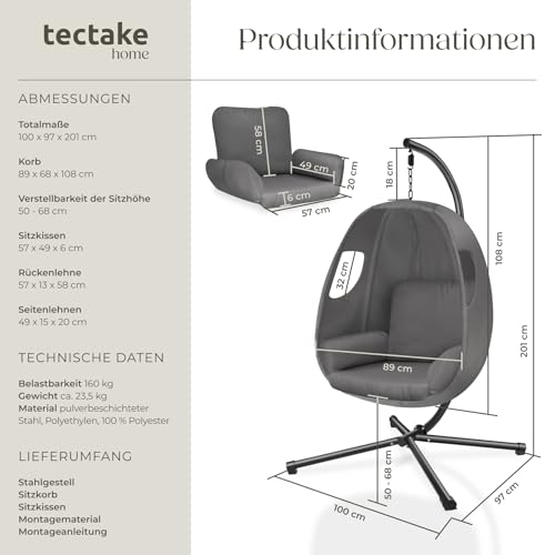 tectake® Hängesessel mit Gestell, Indoor oder Outdoor, Schaukel Sessel mit Kissen + Rückenkissen, Schaukelstuhl, Hängestuhl. Möbel für Wohnzimmer, Schlafzimmer, Balkonmöbel, bis 160kg (anthrazit)