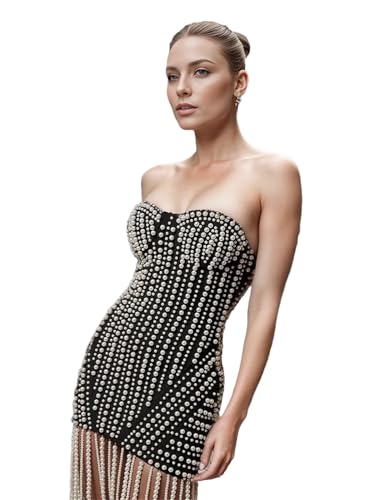 Women Solid Spliced Pearl Slimming Slash Neck Sleeveless High Waist Patchwork Chain Dress