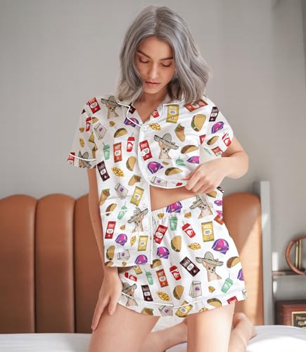 Image of HUNTFAMI Womens Soft Silky Satin Pajamas Set, 2 Pcs Sleep Short Pajamas for Mom and Grandma Button Down Summer Loungewear