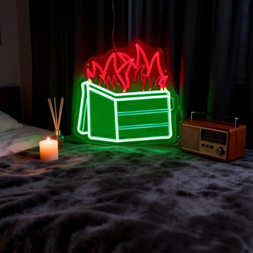 Image of Dumpster Fire Neon Sign, Red Flames & Green Dumpster, 12.8 inchx13.1 inch | LED Wall Art, Dimmable with 3-Button Controller, Includes Hooks, Chain & Wall Anchors, Sarcastic Gift for Women