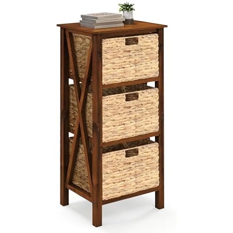 COSTWAY Wooden Bedside Table with Baskets Cover