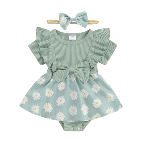 Douhoow Infant Baby Girl Romper Baby Girl Dress Floral Pleated Romper Baby Girl Summer Clothes with Headband (Green A, 0-3 Months)