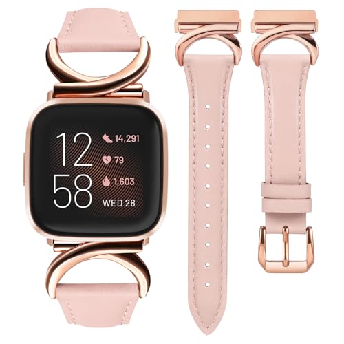 Minyee Leather Band Compatible with Fitbit Versa 2/Fitbit Versa/Versa Lite Bands Women, Slim Thin Dressy Designer Premium Leather Strap with C-Shape Metal Buckle for Versa 2 Watch, Pink/Rose Gold