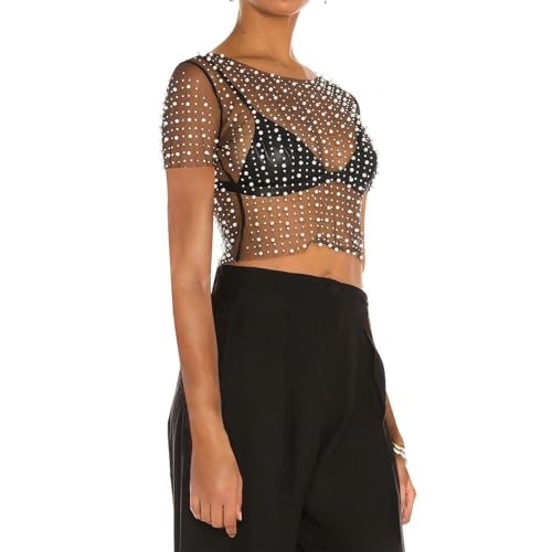Women Pearl Rhinestone Sheer Mesh Crop Tee Top Sexy See Through Short Sleeve Slim Fit Crop T-Shirt Club Summer4