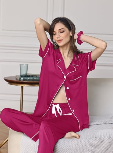 Image of WJing Yi Jia Womens Soft Pajamas Set XS-XXL Button Down Sleepwear Short Sleeves Pajama sets with Long Pants Pj Set Nightwear