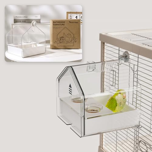 Image of Hanging Bird Bath for Cage, 3-in-1 Multifunctional Bathtub -Bath, Feeder & House for Small to Medium Lovebirds, Finches, Parakeets - Essential Bird Cage Accessory (White)
