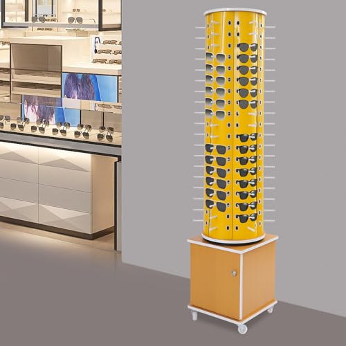 xsdzgdzy Glasses Storage Display Stand,Floor-Standing Glasses Rotating Organizer w/ 4 Wheels & Storage Cabinet,Commercial Freestanding Sunglasses 360° Rotating Eyeglass Holder (All Yellow, 114 Pair)