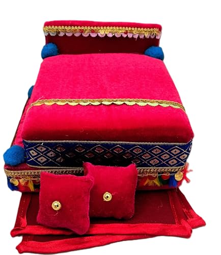 Image of RD Handicraft Thakur ji Bed, Laddu Gopal ji Bed, Bal Gopal ji Bed with Blanket Silk All Purpose Chowki |Rani (17x16x10 cm)