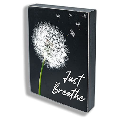 Maoerzai Just Breathe Wall Art Dandelion Sign, Wooden Box Sign Office Desk Decor, Rustic Farmhouse Home Decor For Bathroom Living Room Kitchen Sign. (6 X 8 X 1.2 Inch, Black - Dandelion-3) #TOP3