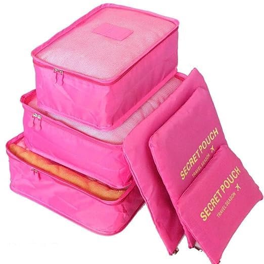 Image of 6 in 1 Polyester Secret Pouch Travel Bag Packing Cubes Laundry Bag with Undergarments & Cloth Storage Organizer Travelling Set /Suitcase Cloth Cube Bag (PINK 6 in 1 Travel Bag)