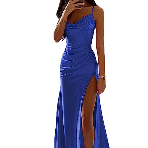 OOTDAY Vestido De Graduación,Vestido De Dama De Honor De Satén con Cuello En V para Mujer, Vestido De Fiesta De Graduación De Satén con,con Tirantes ，Vestido Largo para Fiesta