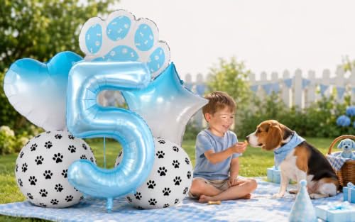 Image of 40 Inch Light Blue Paw Print Number 5 Foil Balloon Dog Cat Themed Set