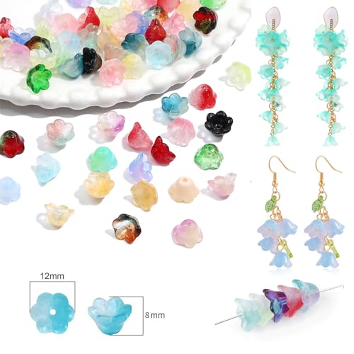LadayPoa 100pcs Glass Bellflower Beads for Jewelry Making Trumpet Flower Beads Gradient Clear Cute Beads for Bracelets Making Aesthetic Bead Charms for DIY Necklace Decoration-Black Gold