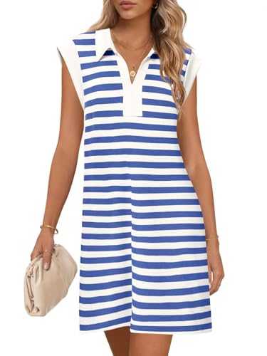 MEROKEETY Women's 2025 Summer Short Sleeve Mini Dress Casual Collared V Neck Loose T Shirt Dresses, StripedBlue, Medium