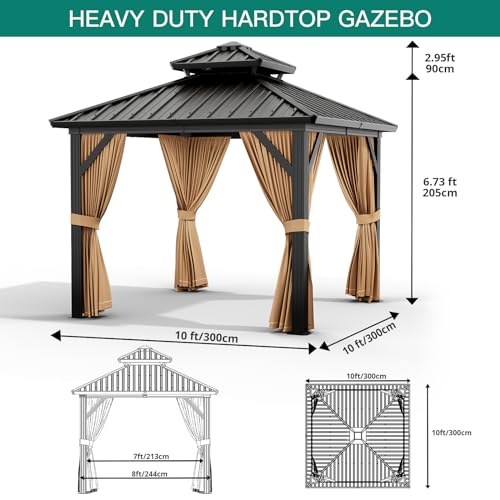 10x10ft Hardtop Gazebo, Aluminum Double Roof Gazebos with Netting and Curtains, Outdoor Permanent Gazebo for Garden, Patio, Backyard, Deck, Lawns (Brown, 10x10 FT)