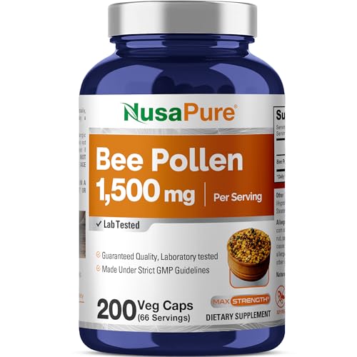 NusaPure Bee Pollen 1500mg 200 Veggie Caps (100% Vegetarian, Non-GMO, Vegan) Naturally Occurring Proteins, Aminoacids