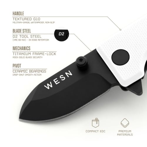Image of WESN Microblade Premium Folding Pocket Knife - 1.5 inch D2 Steel Blade, Compact EDC Knife with G10 Handle, Manual Thumb Stud, Deep Carry Clip - Lightweight Everyday Carry (Titanium) (Blacked Out White G10 X Titanium)