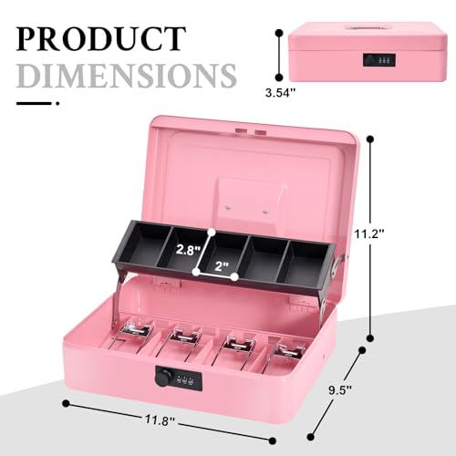 Polspag Cash Box with Combination Lock, Metal Money Box with Cash Tray, Lock Safe Box, 4 Bill/5 Coin Slots, 11.8L x 9.5W x 3.5H Inches, Portable Locking Cash Boxes,Pink - Thumbnail 5