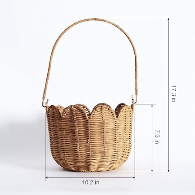 Scalloped Edge Round Basket with Handle, Super Sturdy Wicker Storage Baskets, Hand Woven Basket for Shelves,Natural Baskets for Organizing (Brown Rattan, 7.8*7.8*7)