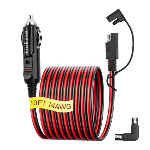 Image of SinLoon 14AWG Cigarette Lighter SAE Battery Charger Cable 12V Car Cigarette Lighter Plug to Waterproof SAE Quick Release Adapter Extension with Fuse and LED Light(10FT,3 Meter)