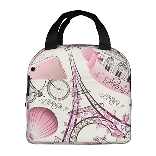 XVBCDFG Bolsa de almuerzo con flores de la Torre de París para oficina al aire libre, papel de aluminio portátil, aislamiento grueso y bolsa Bento para mante