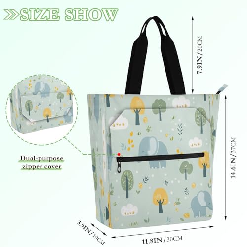 Cute Elephant and Clouds Book Tote Bag,Large Capacity Handbag with Zipper Perfect for School,Travel,Shopping2