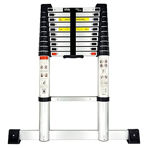 StepIt 3.2m Soft Close Safe Retraction Telescopic Ladder with Stabiliser Bar | Extendable Multi Purpose Ladder 150kg | 3 Yr Warranty | Portable Loft Ladders Extension Ladder Cover