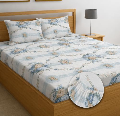 Image of Premium Cotton Fitted Bedsheet King Size Bed with 2 Pillow Covers | All Around Elastic | 220 TC | Wrinkle Free & Breathable | Deep Pocket Fits Mattress Upto 10 Inches | Bed Cover- Blue Floral