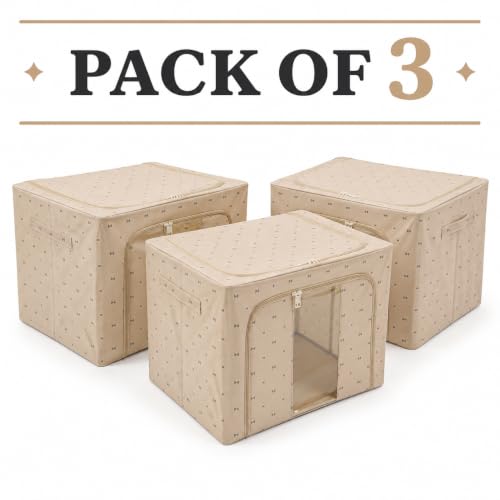 Image of Epicasa 66L Extra Large Foldable Cloth Storage Organizer Box | Non-Woven Fabric with MDF Board & Strong Metal Frame | Printed Storage Bag for Clothes, Sarees, Toys, Blankets, Bedsheets (Set Of 3)