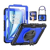 SEYMAC Case for iPad Air 11 Inch M3 2025/M2 2024 (Air 7th/6th Generation), Heavy Duty Shockproof Protective Case with Screen Protector, Rotating Stand and Hand/Shoulder Strap, Blue