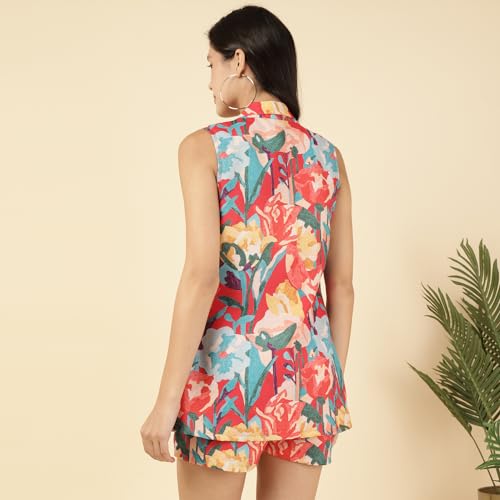 Image of DEEBACO Floral Linen Co-Ord Set for Women's | Sleeveless Blazer & Elastic Waist Shorts with Pcokets | Relax Fit Western Fashionable Women Summer Wear Cord