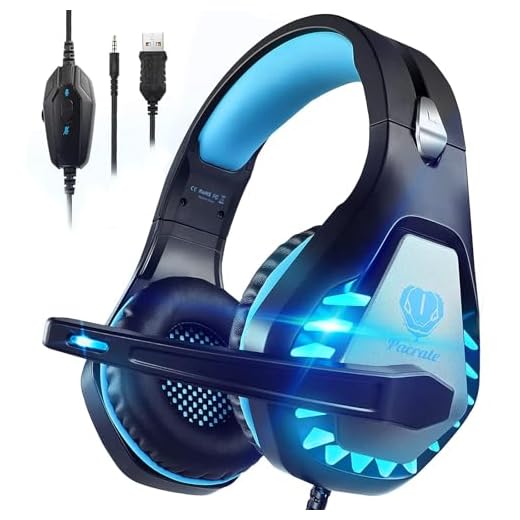 Pacrate Fone de ouvido de jogos com microfone para PC PS4 PS5 Fone de ouvido com cancelamento de ruído Fones de ouvido para laptop Mac Switch Xbox One Fone de ouvido com luzes de LED, graves profundos para crianças adultos preto e azul