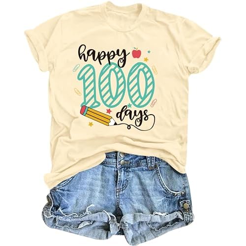Teacher Shirts 100 Days of School Shirt Happy 100th Days T-Shirt for Women Student Teach Graphic Tee Gifts Tops Pink Beige Small