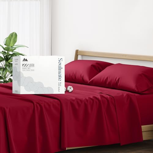 Mayfair Linen 100% Cotton Bed Sheets Queen Set - 500 Thread Count Cotton Sheets for Queen Size Bed, 4 PC Set (Cherry Red), Ultra Soft, Cooling, Sateen Weave 16' Deep Pocket Bedsheet for Hot Sleepers