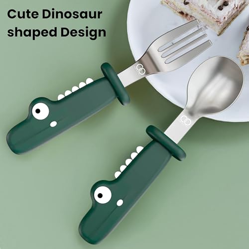 Image of Baby Spoon and Fork Set, Green Stainless Steel & Silicone Toddler Cutlery Set with Dinosaur Case, 2 Pc, Self Feeding Utensils for Baby Meals School and Travel, Mealtime Essential