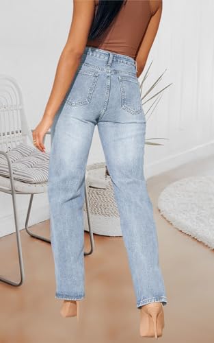 Women's Straight Leg Washed High Waist Denim Jeans Stretchy Trendy Split Hem Pants A-Blue4