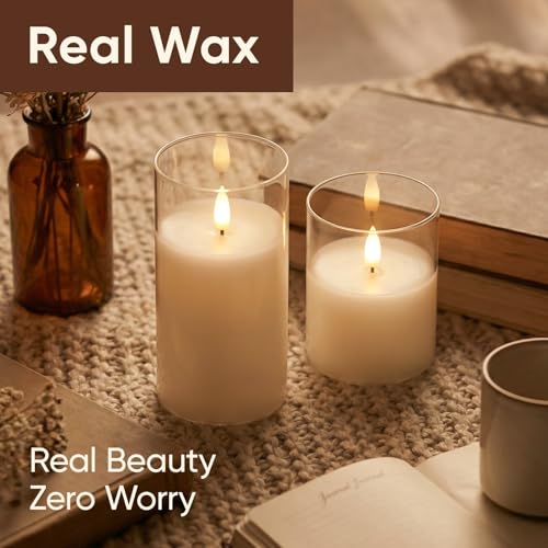 Image of Amagic 3 inchx4 inch6 inch Clear Glass Flameless Candles Battery Operated with Timer, Remote Control, LED Pillar Candles, Battery Powered, Valentine's Day Decor, Pure White Wax, Set of 2