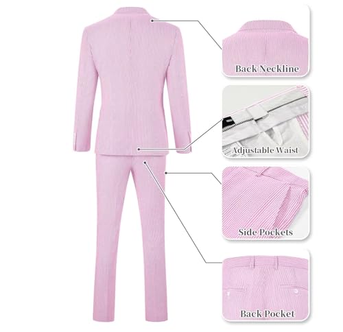 Wehilion Mens Seersucker Suit Slim Fit Casual Beach Wedding Prom Party Suit 2 Pieces Suits for Men Dinner Blazer Jacket Pants Bright Pink M4
