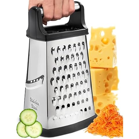 BASSWOOD Professional Cheese Grater, XL Size 4-Sided Stainless Steel Box Grater, Food Shredder for Cheese, Cheese Shredder - Cheese Grater with Handle - Graters for Kitchen Stainless Steel Food Grater Cover