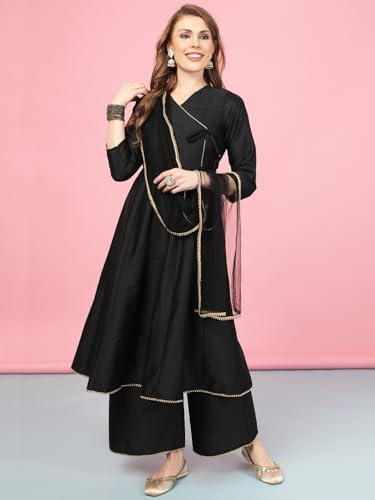 Image of A.T.U.N. (ALL THINGS UBER NICE) Cotton Women Anarkali Paneled Kurta With Palazzos & Dupatta