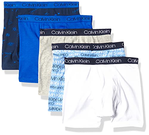 Calvin Klein Boys  Modern Cotton Assorted Boxer Briefs Underwear, 5 Pack, White Ck Logo Gray Ck Blue, 12-14