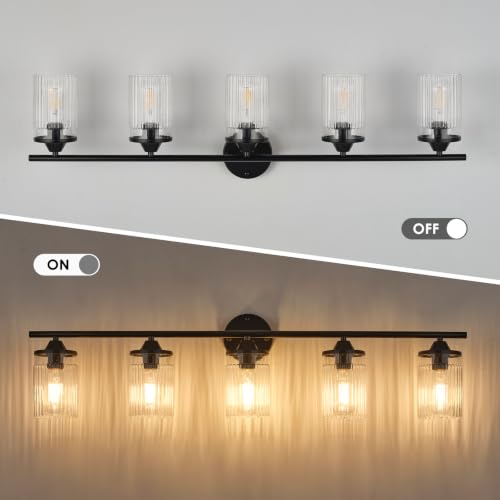 Image of Jonsi Bkack Bathroom Light Fixtures 5-Light Vanity Lights Modern Wall Sconce with Clear Glass Shade Bathroom Light Fixture Over Mirror for Bedroom Hallway Kitchen