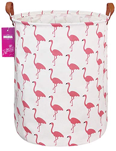 Image of INGHUA Laundry Hamper Large Canvas Fabric Lightweight Storage Basket/Toy Organizer/Dirty Clothes Collapsible Waterproof for College Dorms, Boys and Girls Bedroom,Bathroom(Flamingos)