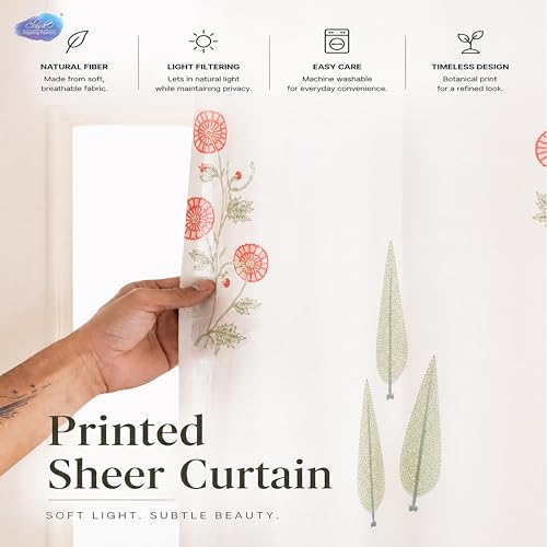 Image of Clasiko Block Print Sheer Window Curtains; 40% Light Filtering Linen Textured Curtains with Eyelets; Set of 2; 54x60 Inches / 5 Feet; Elysian Blossom