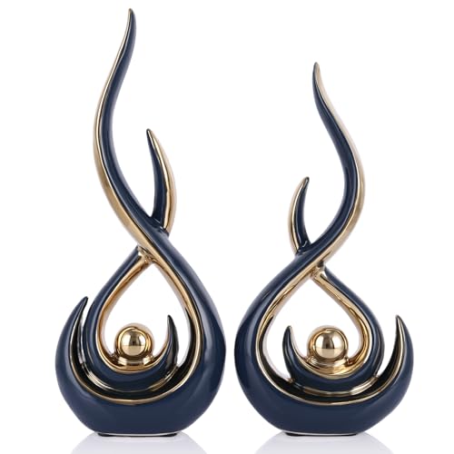 Set de 2 Figuras Abstractas de Cerámica Azul y Dorado
