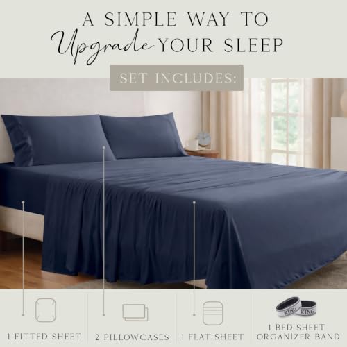 Image of KARISSA MAE Luxury Bamboo Viscose King Size Sheet Set | FSC Certified | Cooling | Ultra Soft | 18 inch Deep Pockets | Elastic Corner Straps | Includes Organizer Band [Navy]