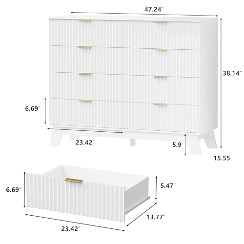 Image of HUANLEGO 48 inch W Tall Fluted Dresser for Bedroom with 8 Drawer, White | Mid Century Modern Dresser for Closet, Anti-Tipping Design, Wooden Dressers & Chest of Drawers for Living Room, Home Office