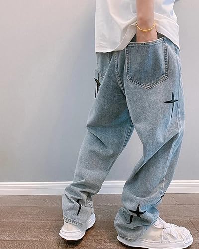 BAIMORE Men's Hip Hop Street Baggy Mid Waist Embroidery Cross Straight Wide Leg Loose Jeans3