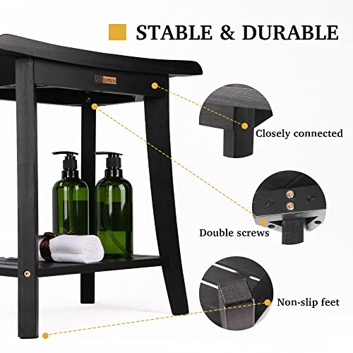 Bamboo Shower Bench Inside Shower Stool With Storage Shelf, Spa Bath Chair For Bathroom, Seat Or Organizer For Living Room, Bedroom And Garden - Great For All Ages Unisex Elderly (Waterproof, Black) #TOP5