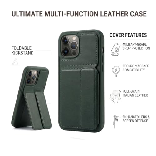 Image of amazon basics Luxury Vegan Leather Back Cover for iPhone 11 Pro Max | Built-in Card Holder Slot | Integrated Mobile Stand | Slim Shockproof Protective Case with Stitched Finish - Green